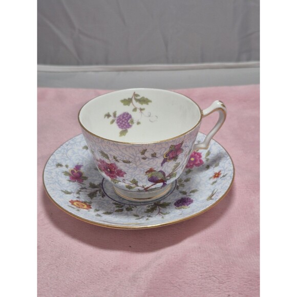 Crown Staffordshire Footed Cup & Saucer F8393 Bird of Paradise Blue /Gold 1940 G - Picture 1 of 8